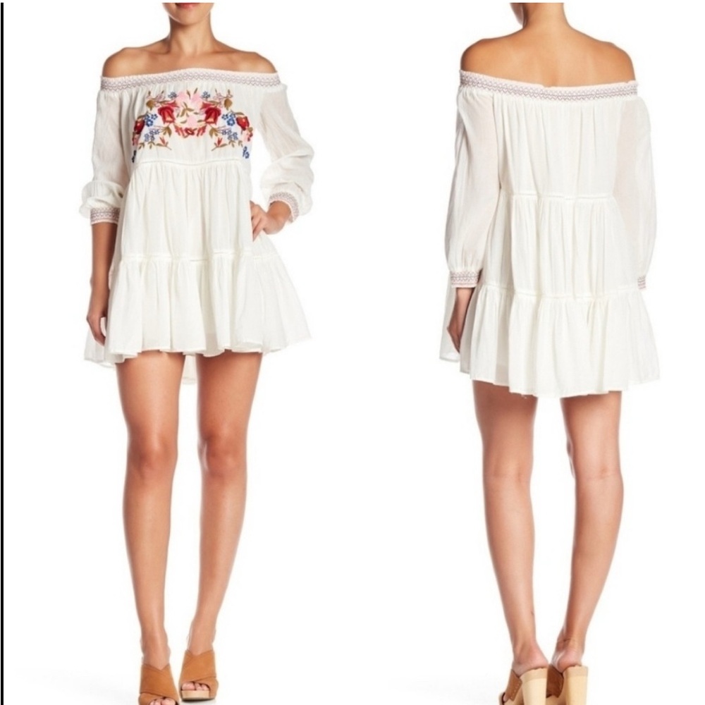 Free People Sunbeams White Dress M Off The Shoulder Mini Floral Embroidery